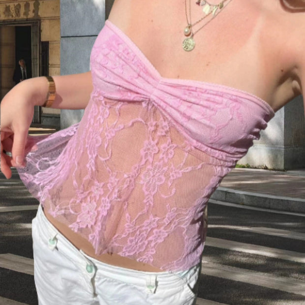 Damen Bandeau-Oberteil mit filigranem Spitzenmuster WW