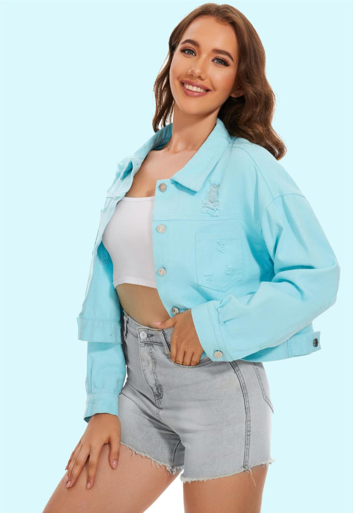 Damen Jeansjacke im lässigen Crop-Style mit fransigen Details W&W Mode
