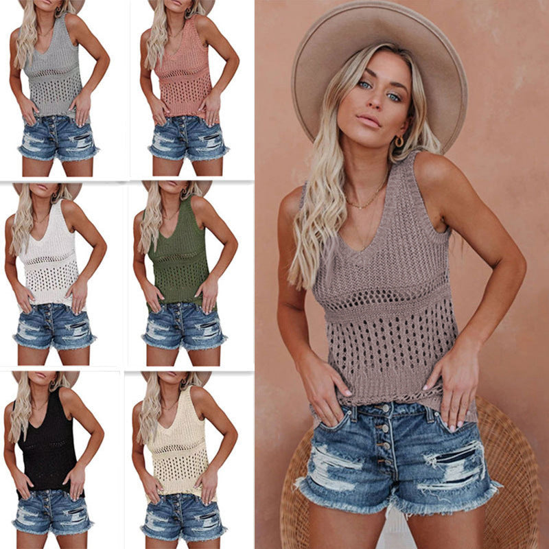 Damen luftiges Stricktop mit V-Ausschnitt und feinen Lochmustern W&W Mode