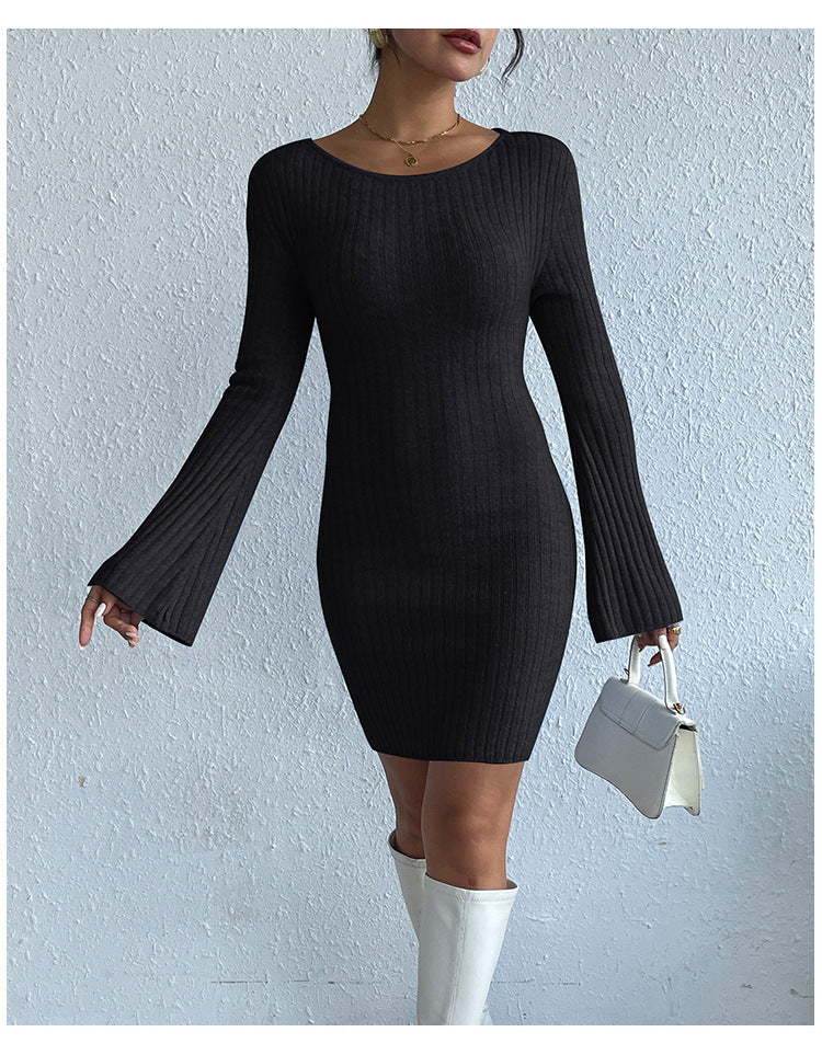 W&W Mode | Langärmliges Trompetenärmel Offener Rücken Strickkleid