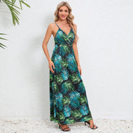 Damen Maxikleid mit zartem V-Ausschnitt und buntem Pflanzenmuster WW