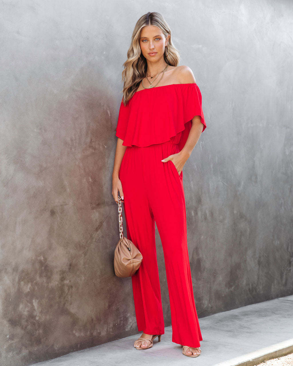 Damen Eleganter Off-Shoulder Jumpsuit mit weitem Bein und fließendem Oberteil WW