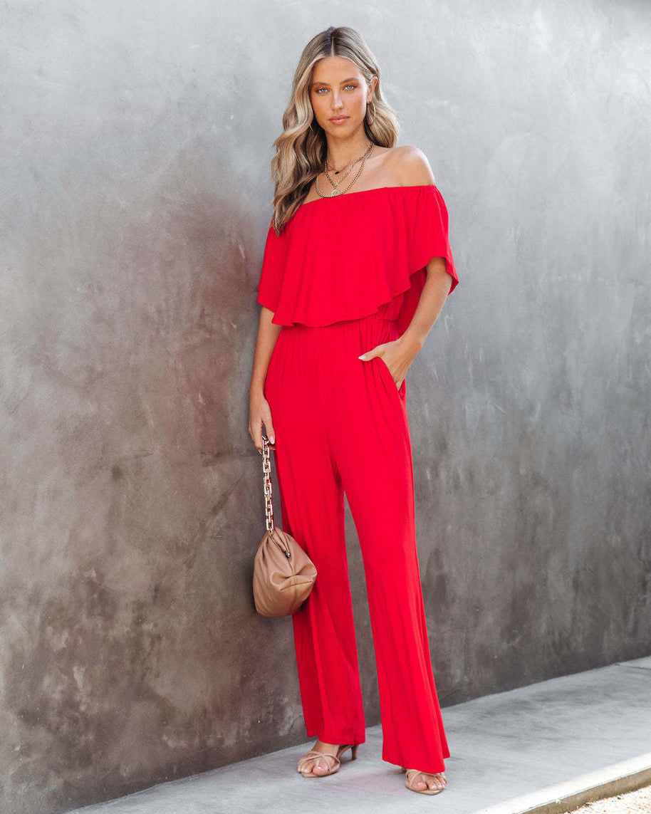 Damen Eleganter Off-Shoulder Jumpsuit mit weitem Bein und fließendem Oberteil WW