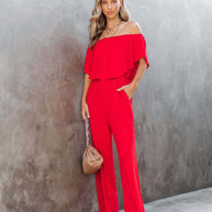 Damen Eleganter Off-Shoulder Jumpsuit mit weitem Bein und fließendem Oberteil WW