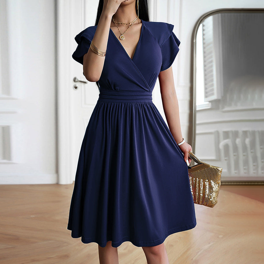 WW | V-neck Solid Color Short Sleeve Dress for Women