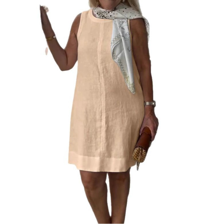 Damen Sommerkleid aus leichtem Leinenstoff mit modischem Halstuch WW