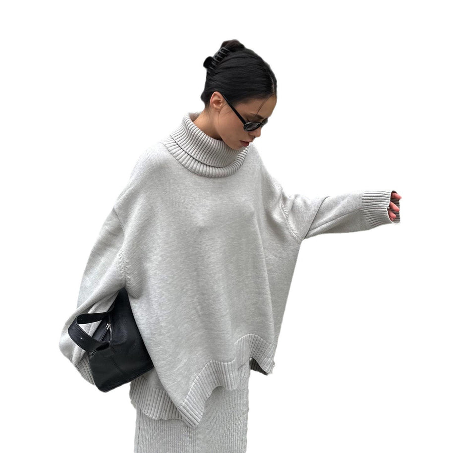 Damen bequemer Strickanzug mit hohem Kragen und nach unten auslaufenden Hosen WW