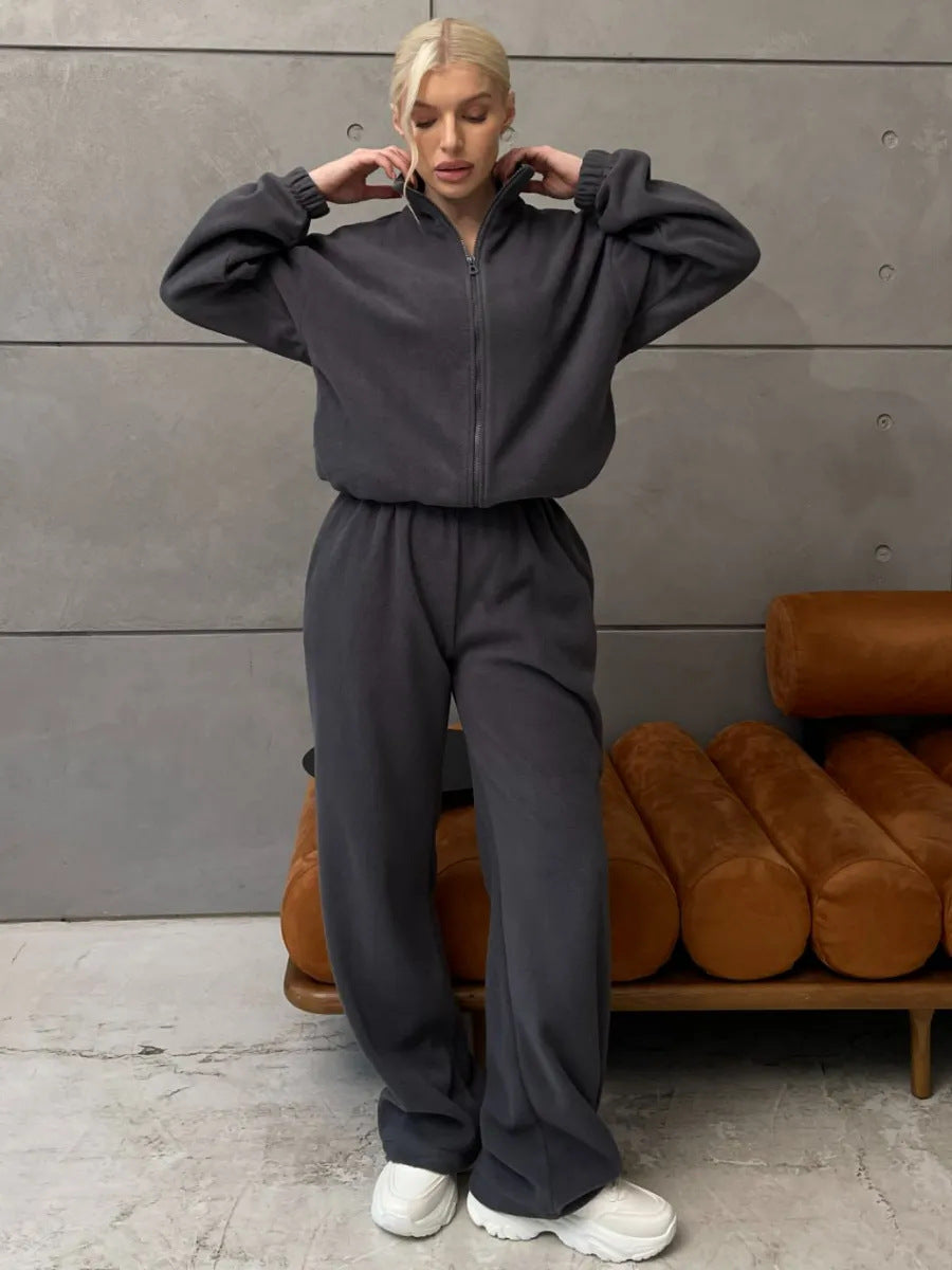 Damen bequemer Fleece-Jogginganzug mit hochschließendem Reißverschluss und weitem Schnitt WW