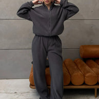 Damen bequemer Fleece-Jogginganzug mit hochschließendem Reißverschluss und weitem Schnitt WW