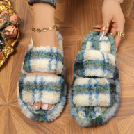 Damen bequeme Hausschuhe aus flauschigem Material mit doppeltem Riemen WW
