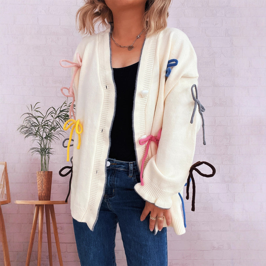 Damen Strickjacke mit bunten Schleifendetails WW