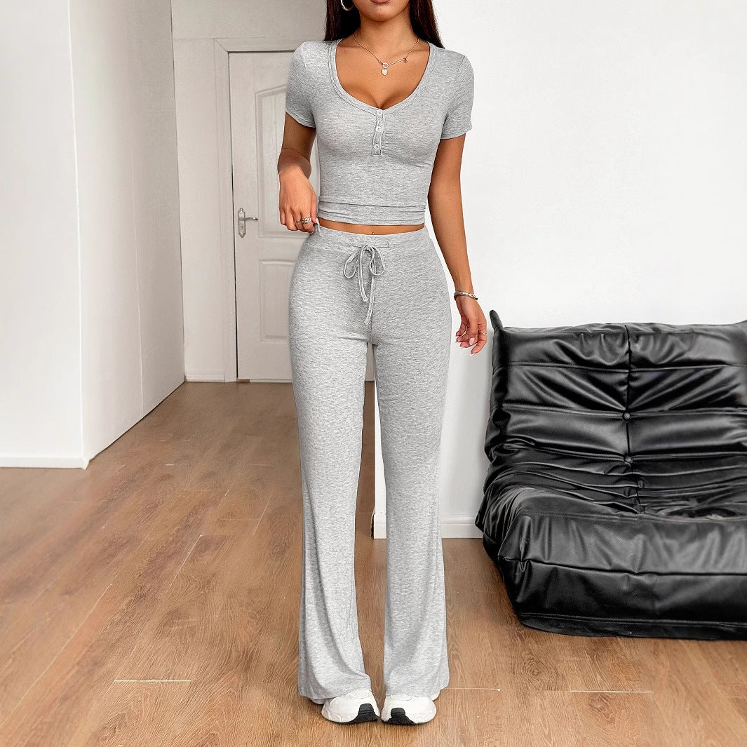 Damen Sportliches Zweiteiliges Freizeitset mit cropped Oberteil und weitem Hosenstil WW