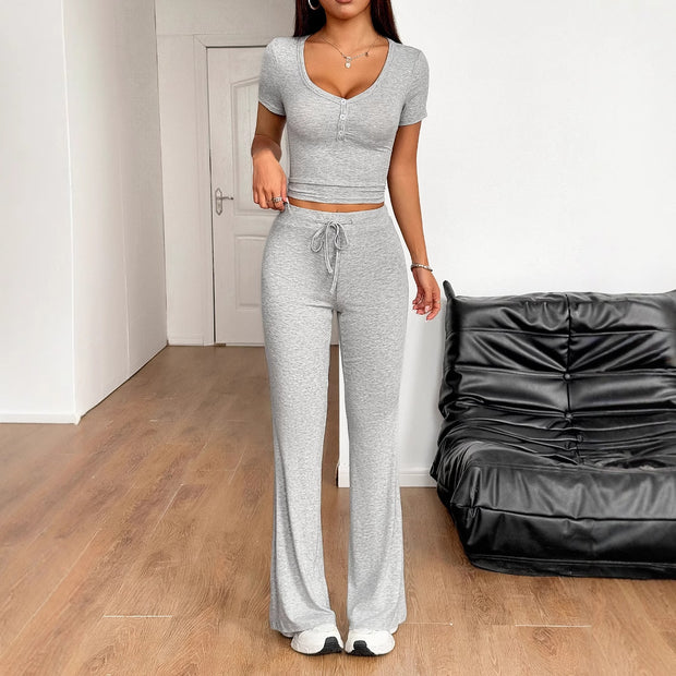 Damen Sportliches Zweiteiliges Freizeitset mit cropped Oberteil und weitem Hosenstil WW