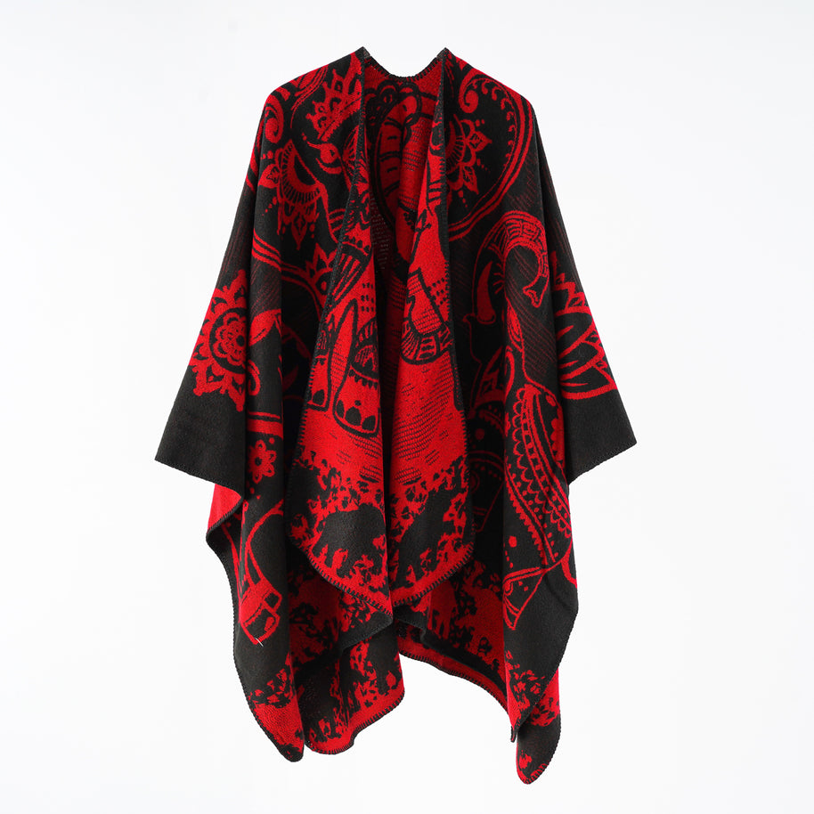 Damen eleganter Übergang-Poncho mit kunstvollem floralen Muster und fransigen Abschlüssen WW