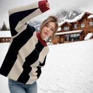 Damen Strickpullover mit gerafften Ärmeln und kontrastierendem Streifenmuster WW