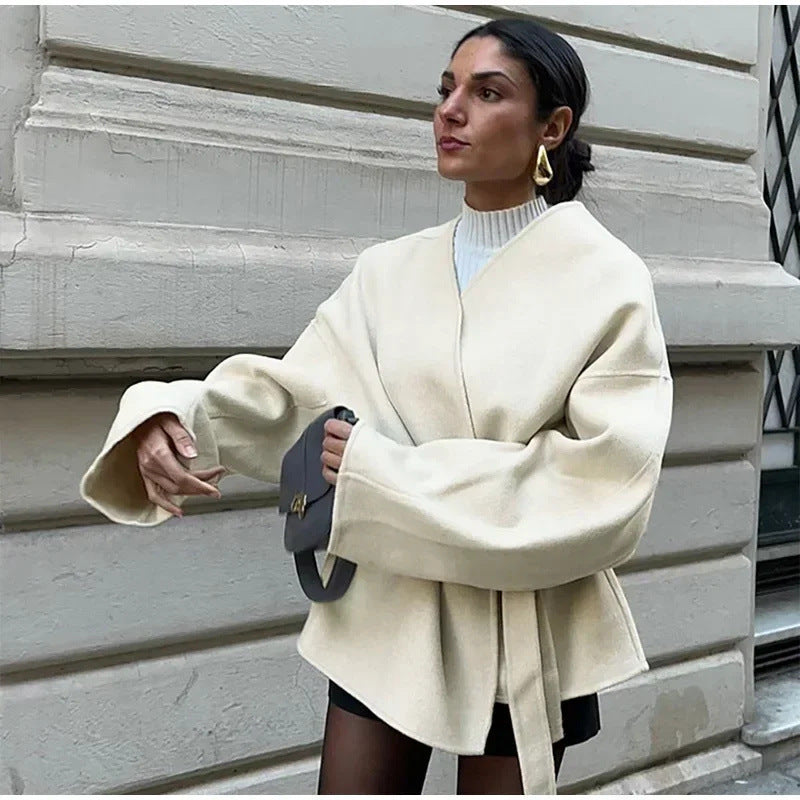 Damen elegante Wickeljacke mit Taillengürtel W&W