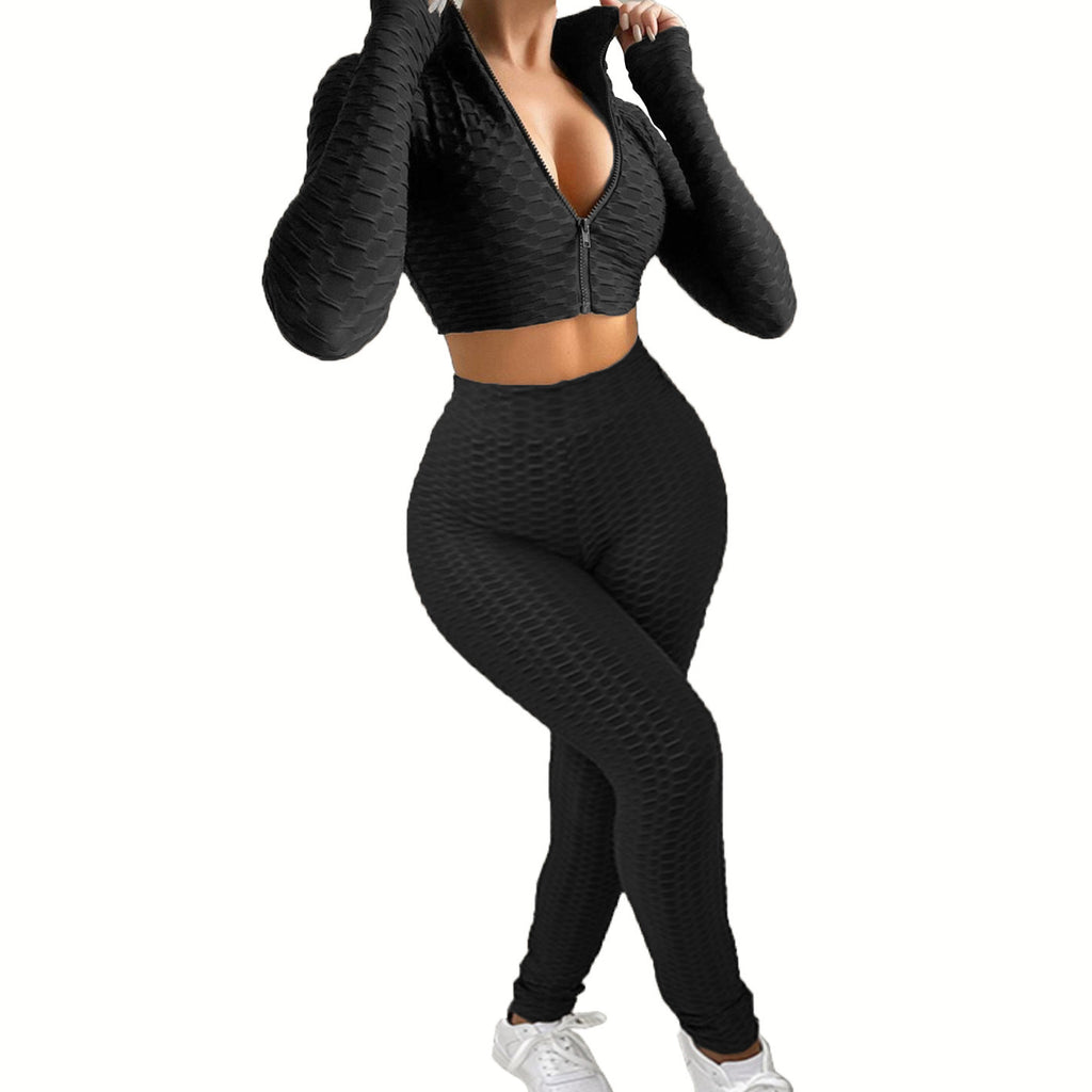 Damen Sportliches Set aus innovativem Strukturstoff mit cropped Hoodie und High-Waist Leggings WW