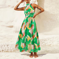 Damen Maxikleid mit hochgeschlossenem Kragen und buntem Blätterdruck WW