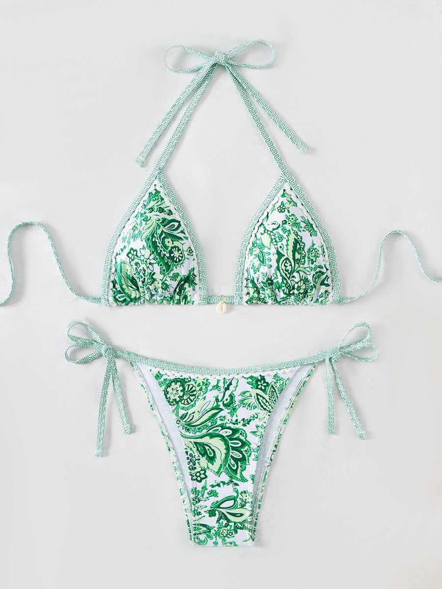 Damen Triangel-Bikini-Set mit verspieltem Blumenmuster und verstellbaren Bindebändern WW