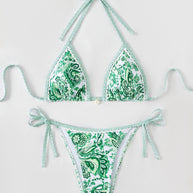 Damen Triangel-Bikini-Set mit verspieltem Blumenmuster und verstellbaren Bindebändern WW