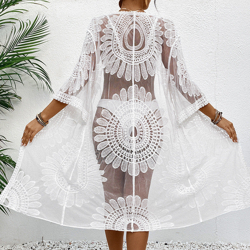 Damen Schicker Häkel-Strandüberwurf mit voluminösen Ärmel und elegantem Design WW