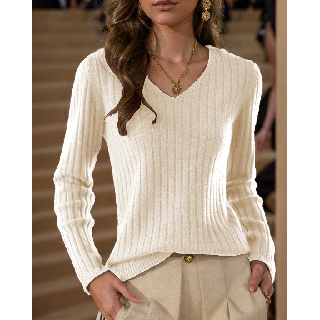 Damen Strickpullover mit V-Ausschnitt und feinem Rippenstrickdesign WW