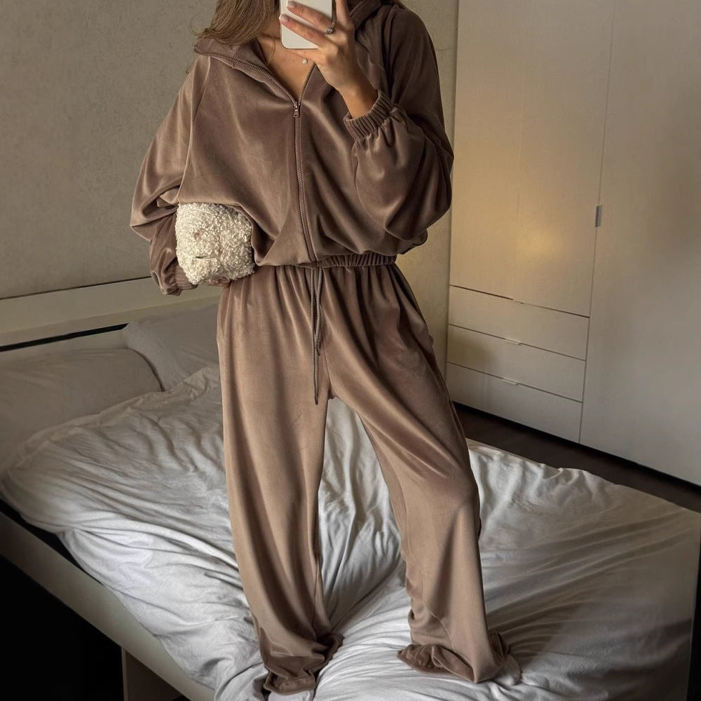 Damen sportlicher Fleece-Jogginganzug mit praktischen Taschen und hohem Kragen WW