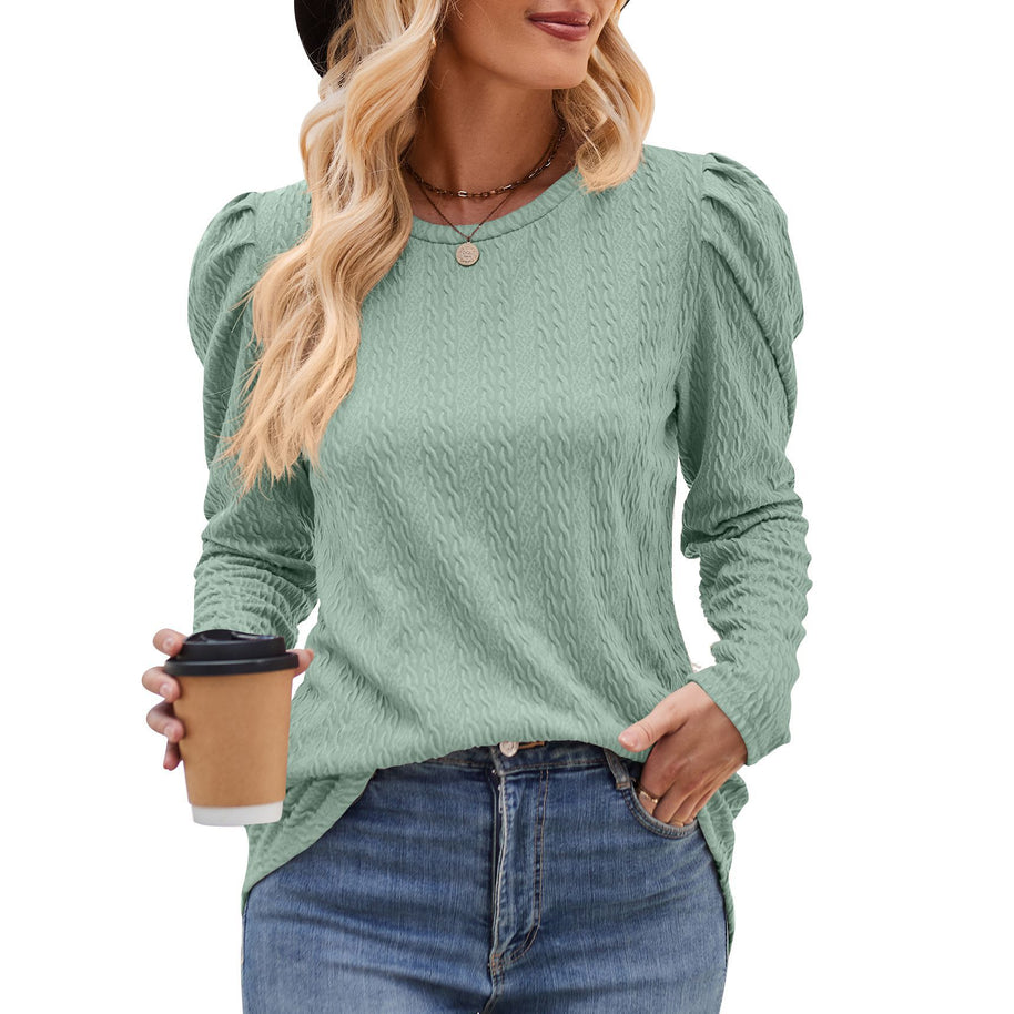 Damen elegantes Langarmshirt mit strukturiertem Muster und Puffärmeln WW