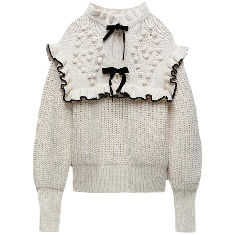 Damen Strickpullover mit Rüschenkragen und dekorativen Schleifen WW