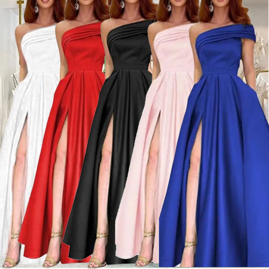 Damen Elegantes Maxikleid mit asymmetrischem Ausschnitt und hohem Beinschlitz WW