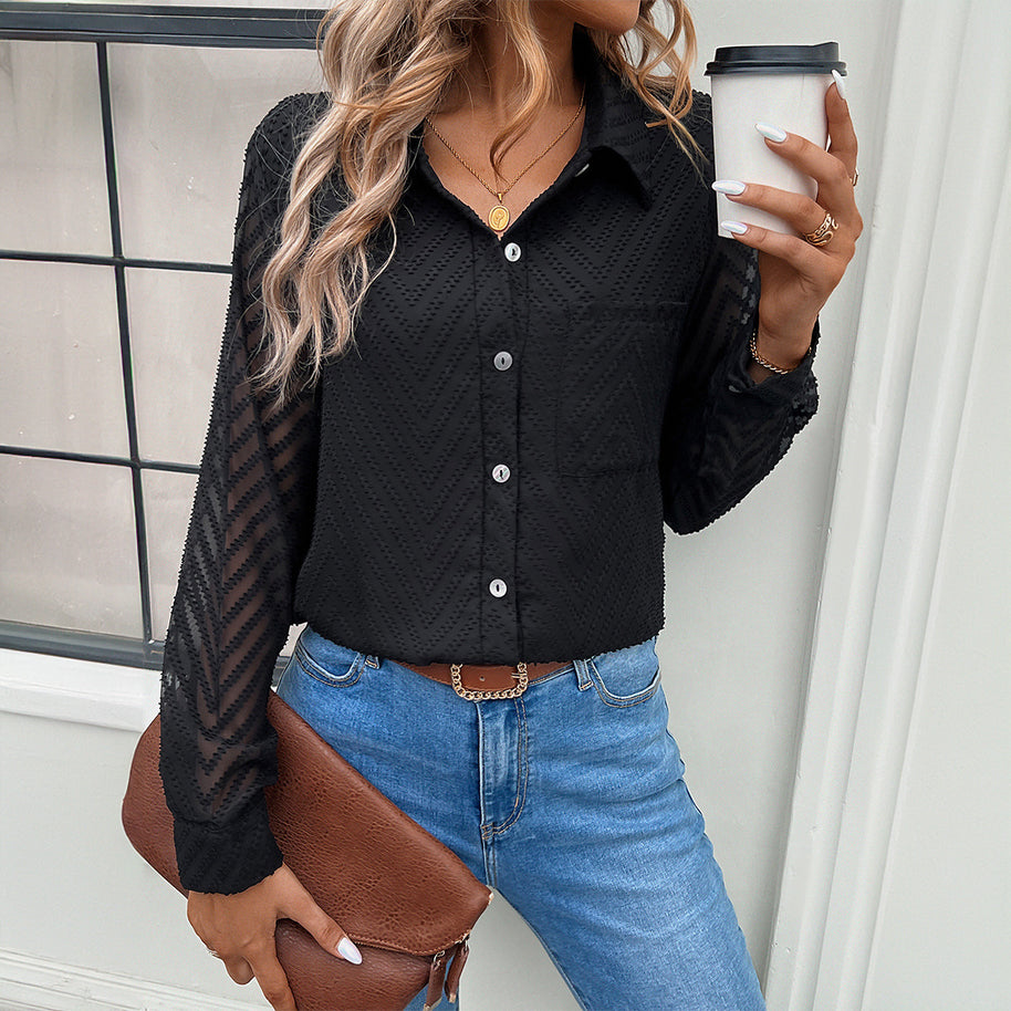 Damen Elegante Bluse mit transparenten Ärmeln und Knopfverschlüssen WW