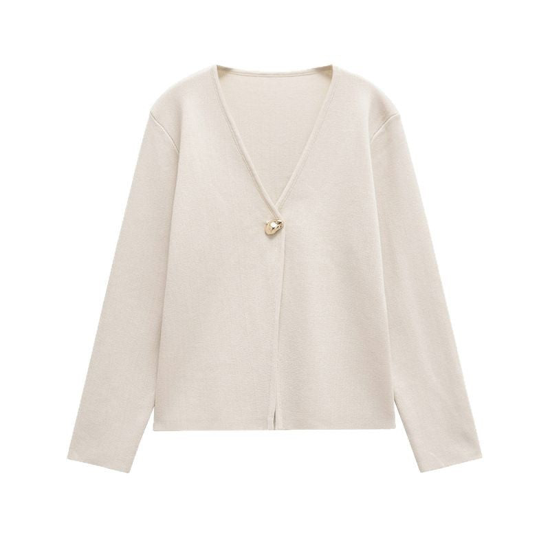 Damen schicke Strickjacke mit elegantem V-Ausschnitt und dekorativem Knopf WW