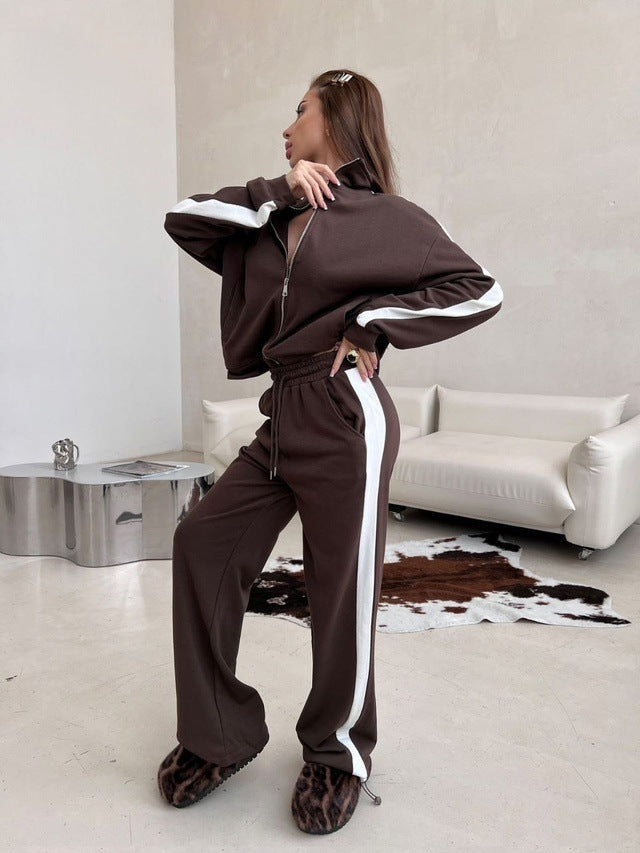 Damen sportliches Fleece-Anzug-Set mit mittellangem Reißverschluss und seitlichen Taschen WW