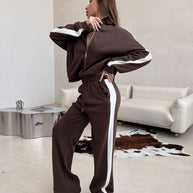 Damen sportliches Fleece-Anzug-Set mit mittellangem Reißverschluss und seitlichen Taschen WW