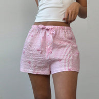 Damen kurze Schlafshorts mit niedlichem Streifenmuster und dekorativer Stickerei WW