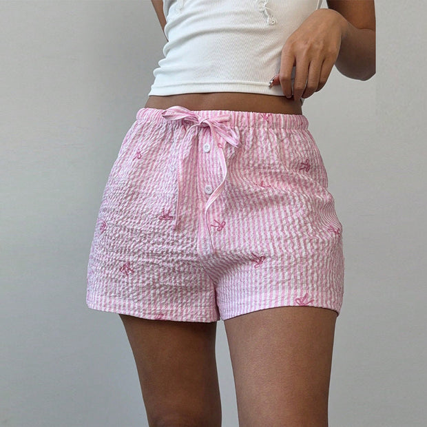 Damen kurze Schlafshorts mit niedlichem Streifenmuster und dekorativer Stickerei WW