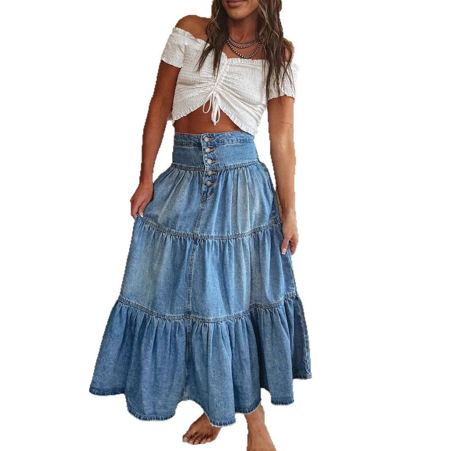 Damen Baumwollrock mit voluminösem Stufen-Design und modischem Knopfdetail WW