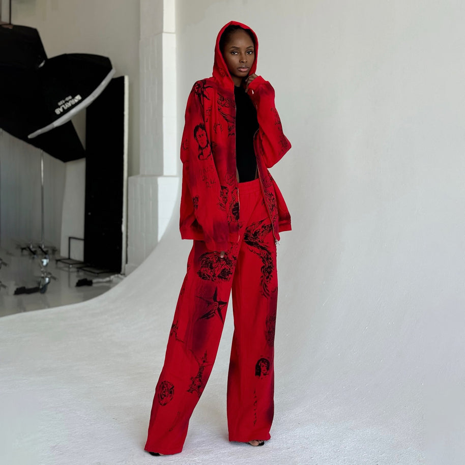 Damen Sportlicher Oversized Set mit einzigartigen Grafiken und Kapuze WW