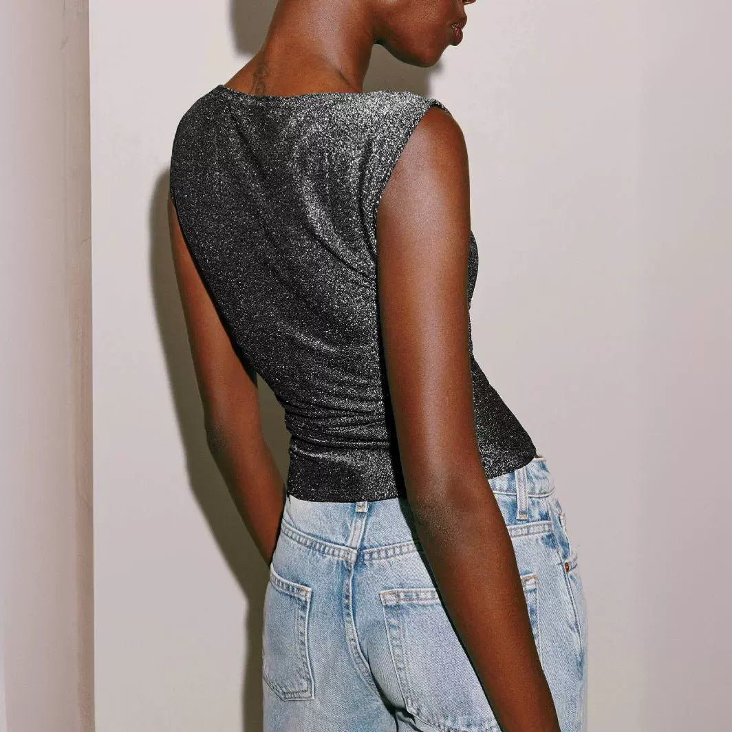 Damen figurbetontes Glitzer-Top mit asymmetrischem Schnitt und elegantem Tragekomfort WW