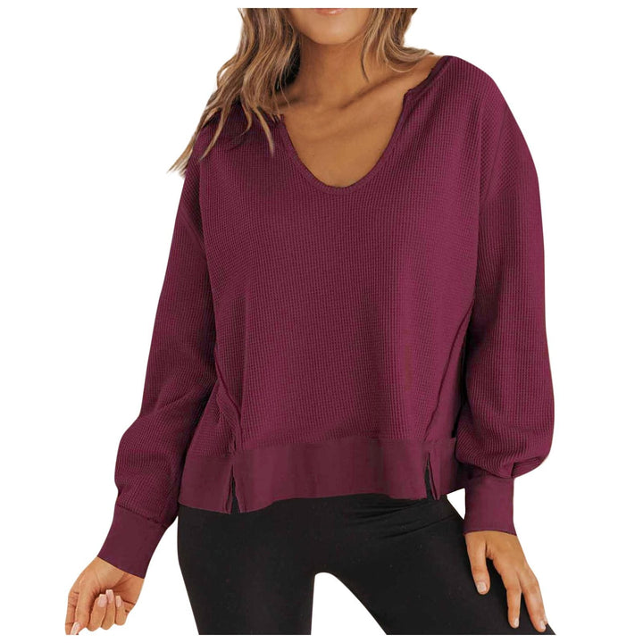 Damen lässiger Waffel-Pullover mit V-Ausschnitt und seitlichen Schlitzen W&W Mode