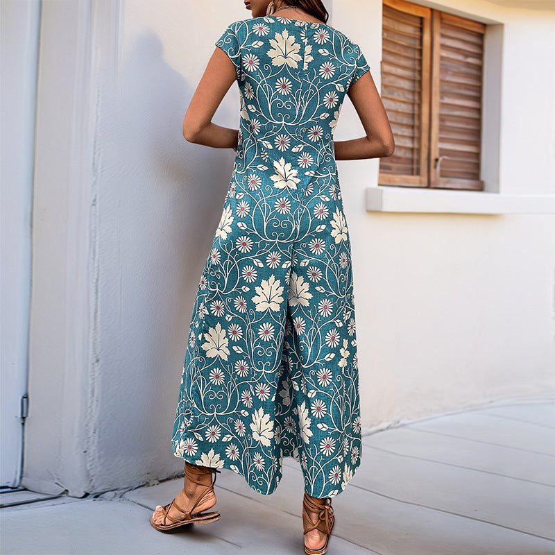 Damen Jumpsuit mit floralem Design und kastanienbraunem Bindegürtel WW