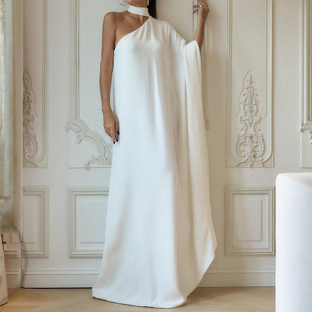 Damen elegantes One-Shoulder Abendkleid mit fließendem Stoff und schickem Kragen WW