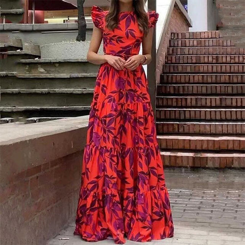 Damen Boho Maxikleid mit voluminösen Rüschenärmeln und gestuftem Rock WW
