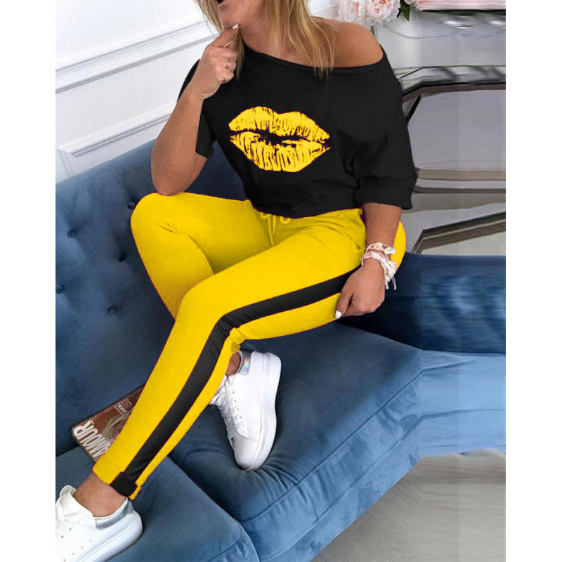 Damen Casual Grafik Lippen-Druck Top und Track Pant Set WW