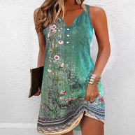 Damen ärmelloses Blusenkleid mit floralem Design und modischen Knopfdetails WW
