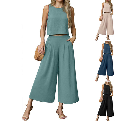 Damen luftiges Zweiteiler-Set mit weitem Hosenbein und ärmellosem Top W&W Mode