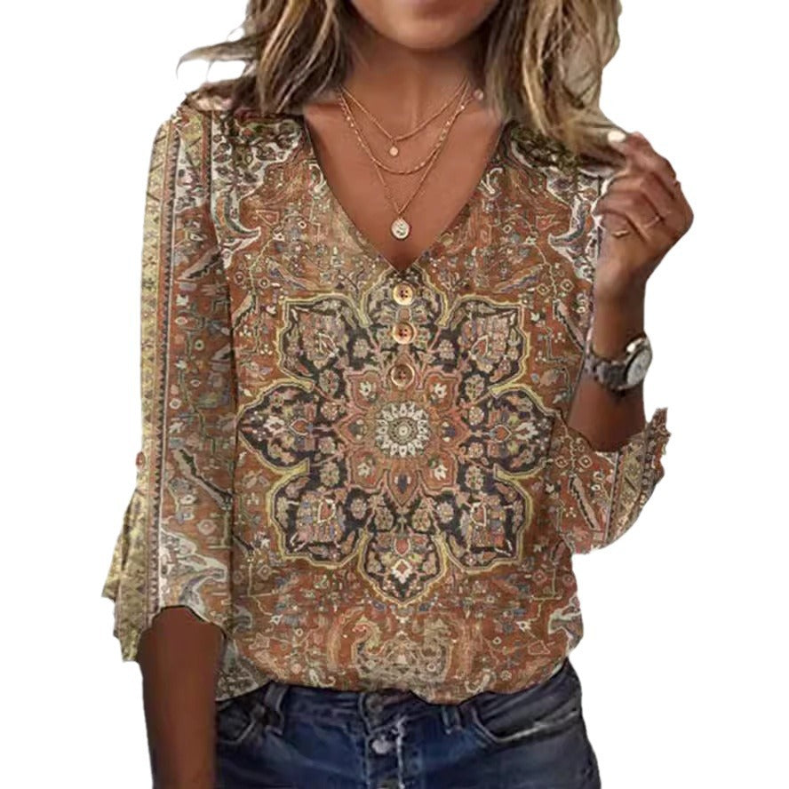 Damen Bohemian bedruckte V-Ausschnitt Bluse mit Knopfdetails WW