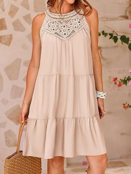 Damen Luftiges Sommerkleid mit Spitzenbesatz und weit geschnittenem Saum WW