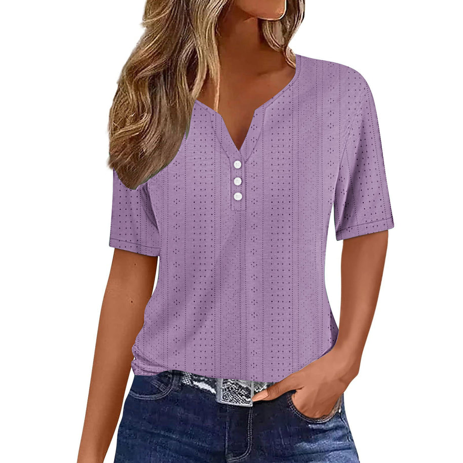 Damen kurzärmeliges T-Shirt mit Knopfdetails und eingewebtem Muster WW