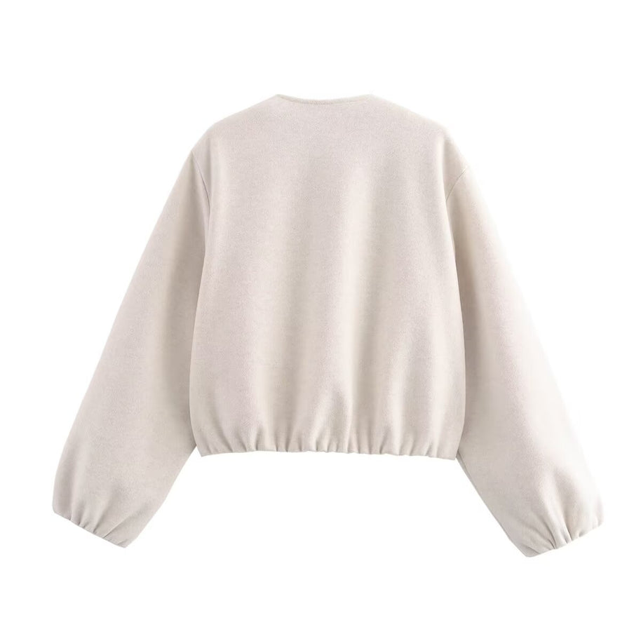 Damen lässige Kurzjacke mit voluminösen Ärmeln und metallischem Reißverschluss WW